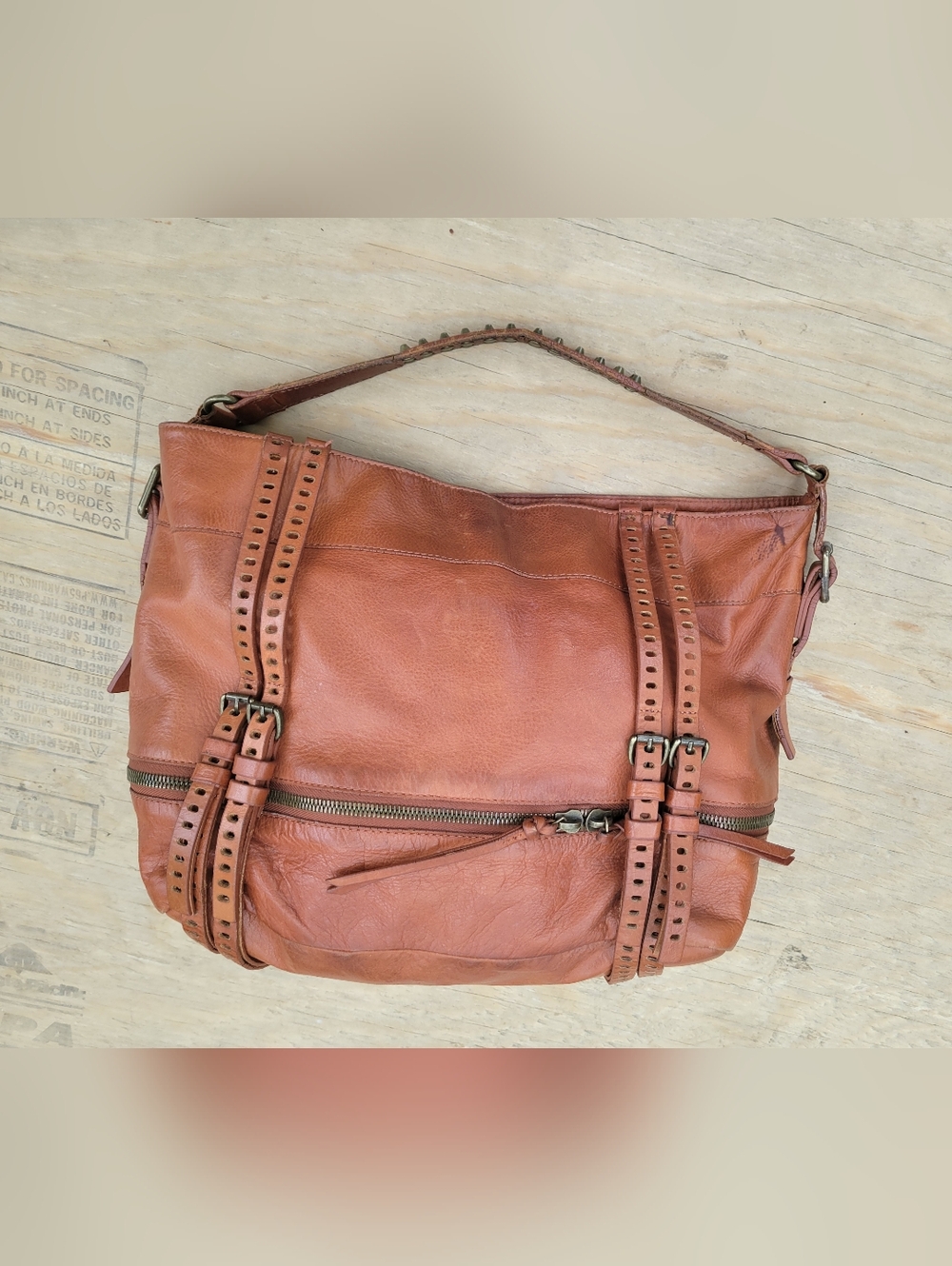 Joelle Hawkens Cognac Leather Studded Hobo Bag Boho Artisan Crossbody